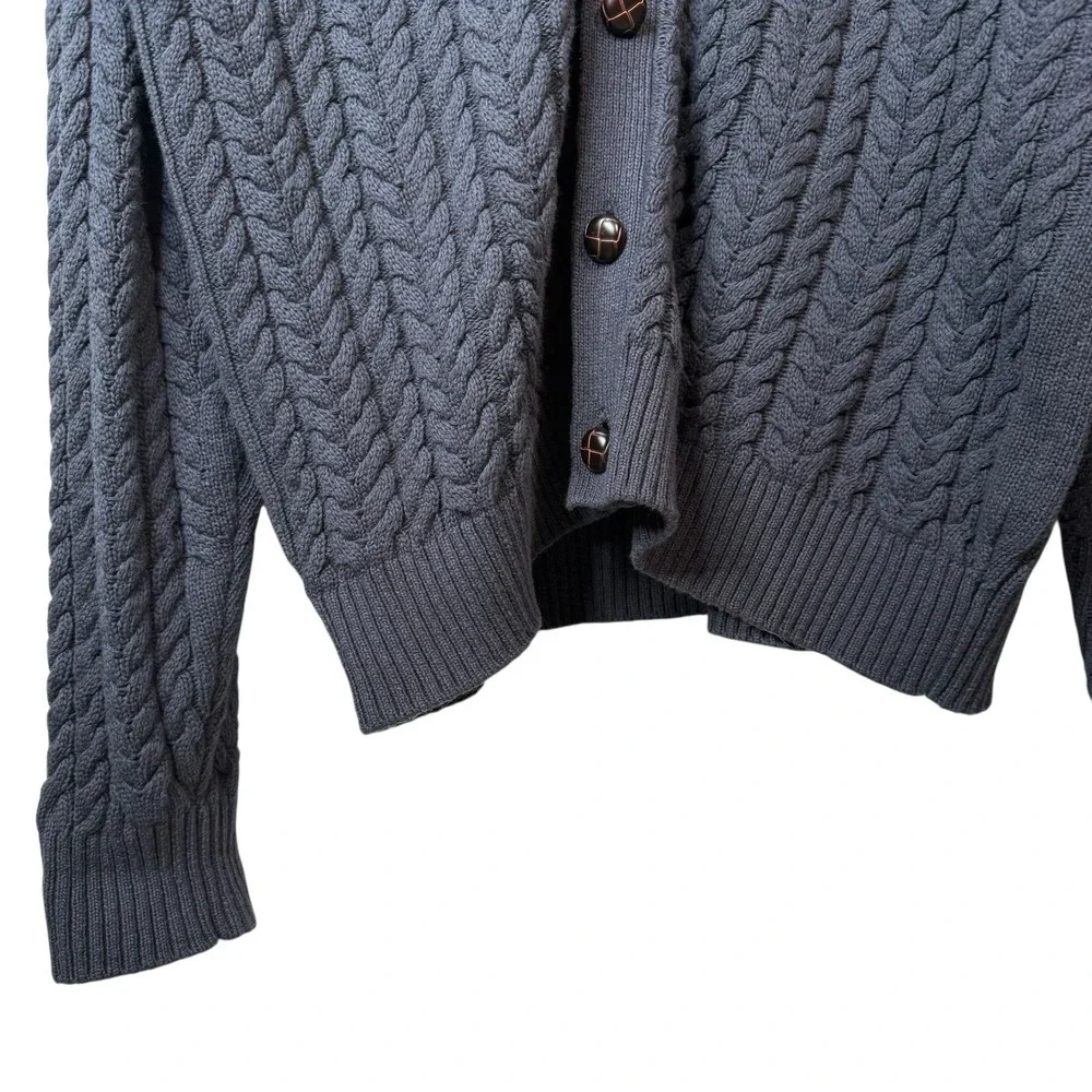 Vintage Cable Knit Fisherman Cardigan XL Jachs NY Linen Navy Blue Long V‎ Neck